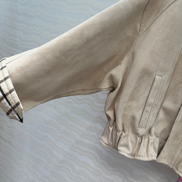 BV Black Neck Zipped Jacket in Beige Lambskin Suede