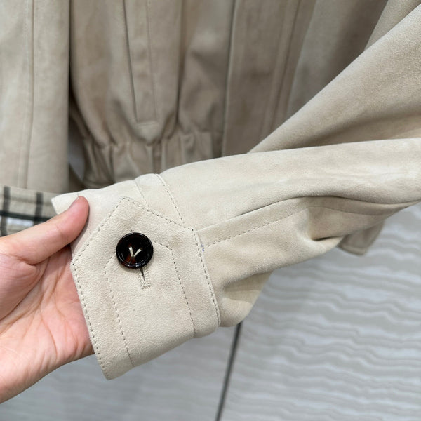 BV Black Neck Zipped Jacket in Beige Lambskin Suede