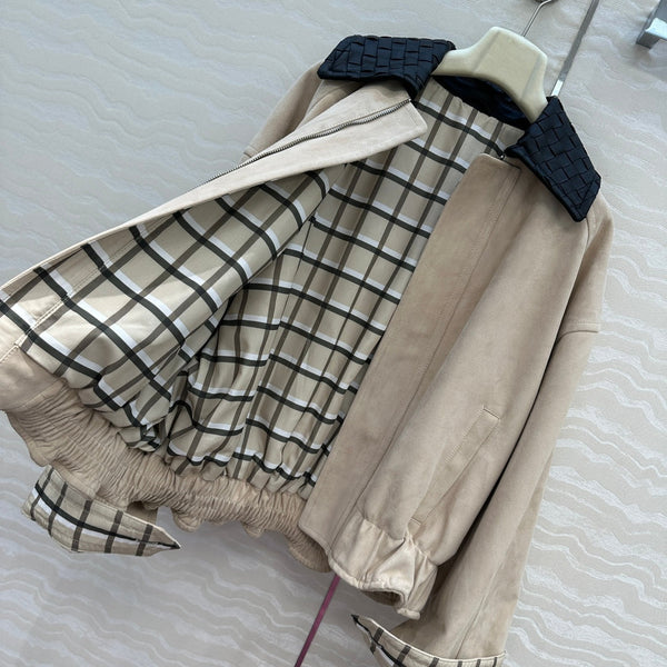 BV Black Neck Zipped Jacket in Beige Lambskin Suede