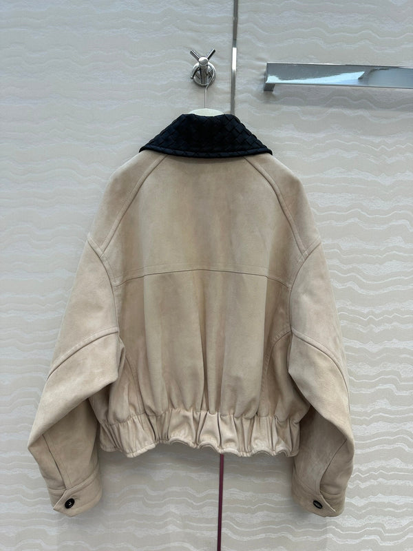 BV Black Neck Zipped Jacket in Beige Lambskin Suede