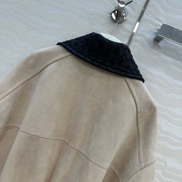 BV Black Neck Zipped Jacket in Beige Lambskin Suede