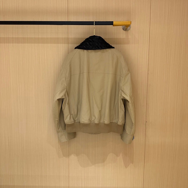 BV Leather Neck Zipped Jacket in Beige Fabric