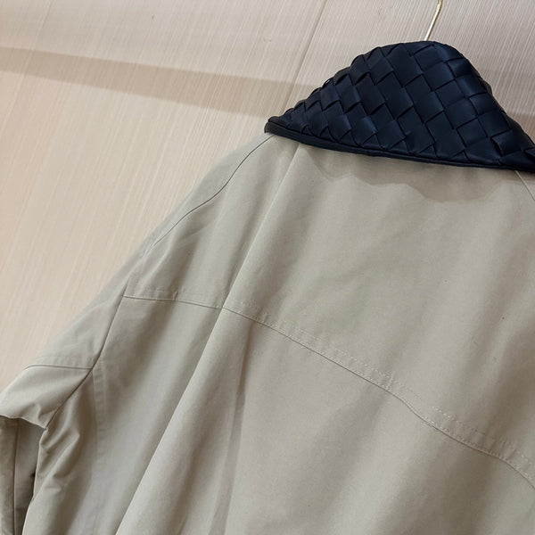 BV Leather Neck Zipped Jacket in Beige Fabric