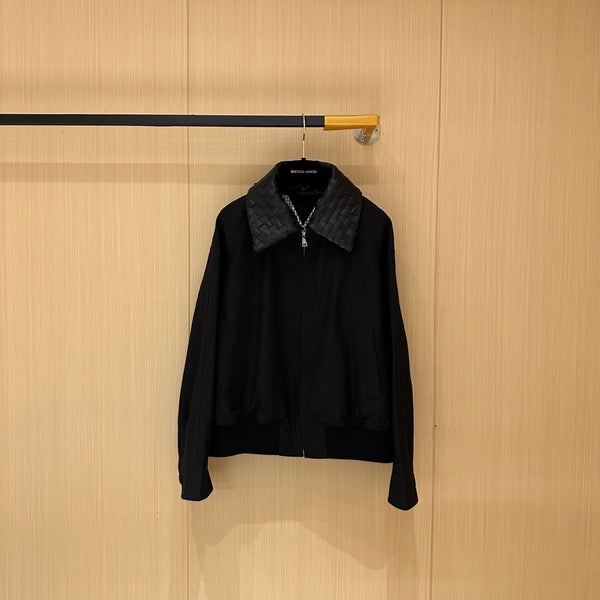 BV Leather Neck Zipped Jacket in Black Fabric