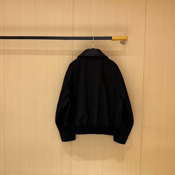 BV Leather Neck Zipped Jacket in Black Fabric