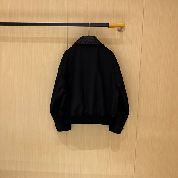 BV Leather Neck Zipped Jacket in Black Fabric