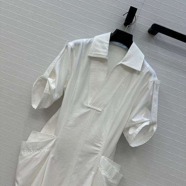 BV V-neck Rolled-Up Sleeve Dress in White Tencel