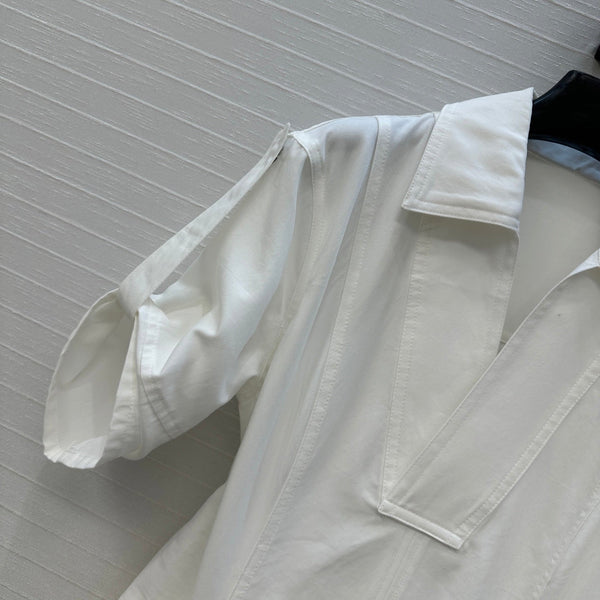 BV V-neck Rolled-Up Sleeve Dress in White Tencel