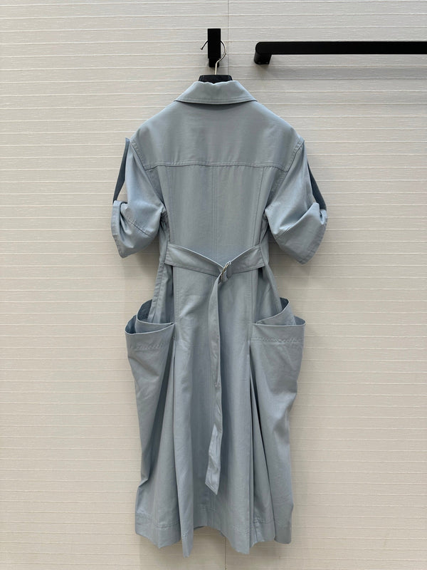 BV V-neck Rolled-Up Sleeve Dress in Light Blue Tencel