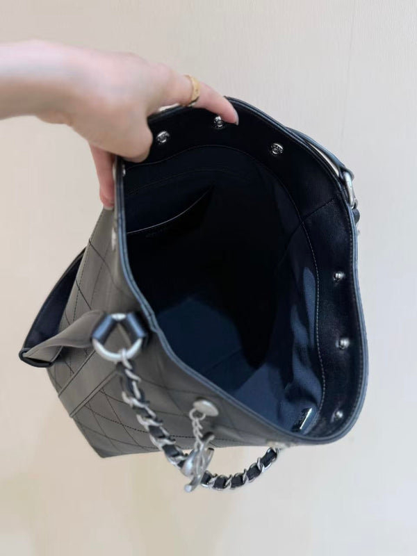 CC 25P Rivet Bucket Bag Silver Hardware in Black Polished Lambskin