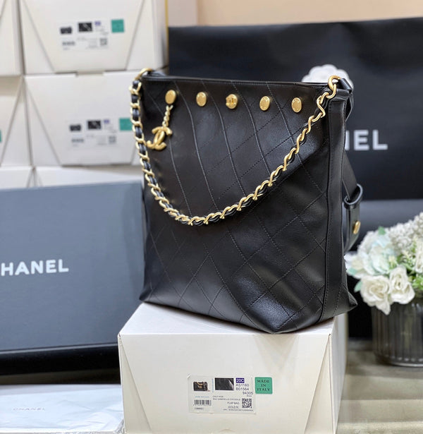 CC 25P Rivet Bucket Bag Gold Hardware in Black Polished Lambskin