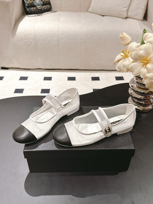 CC 25s Coco Beach Mary Jane Flats White and Black Mesh Cowhide 329016
