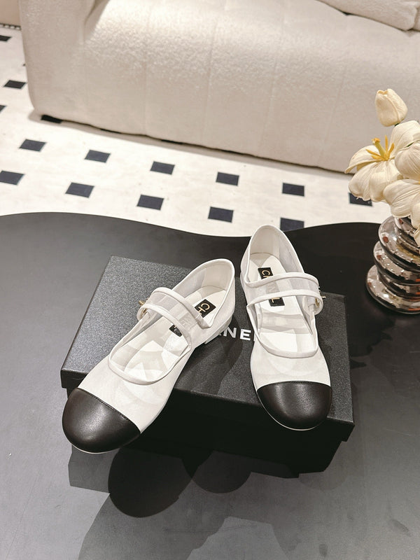 CC 25s Coco Beach Mary Jane Flats White and Black Mesh Cowhide 329016