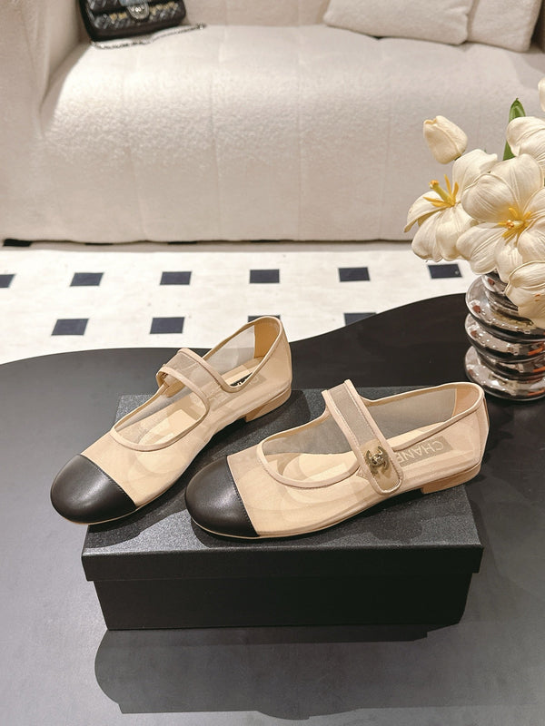 CC 25s Coco Beach Mary Jane Flats Beige and Black Mesh Cowhide 329017