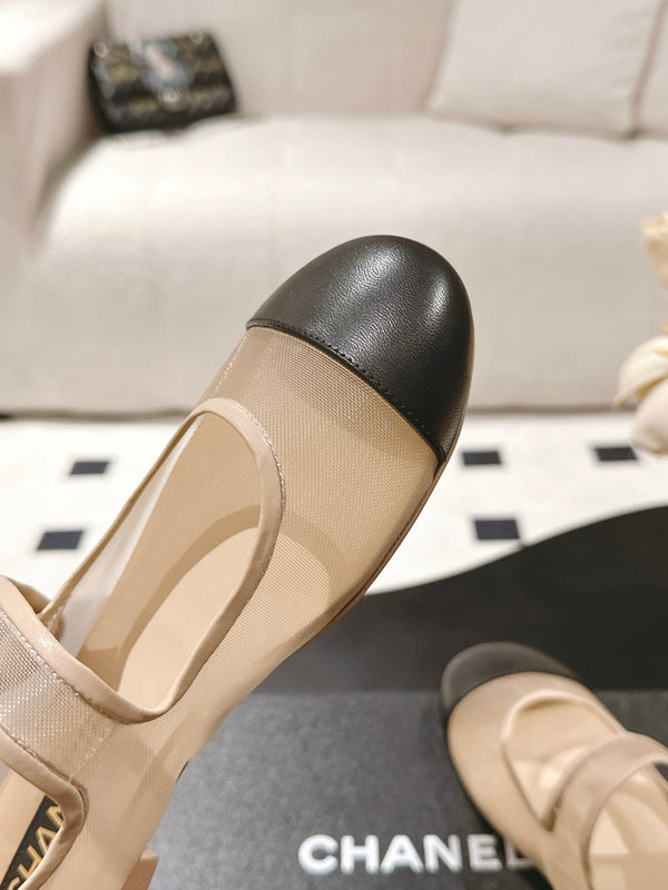 CC 25s Coco Beach Mary Jane Flats Beige and Black Mesh Cowhide 329017