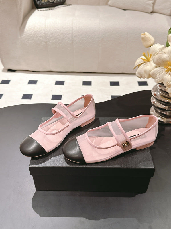 CC 25s Coco Beach Mary Jane Flats Pink and Black Mesh Cowhide 329018