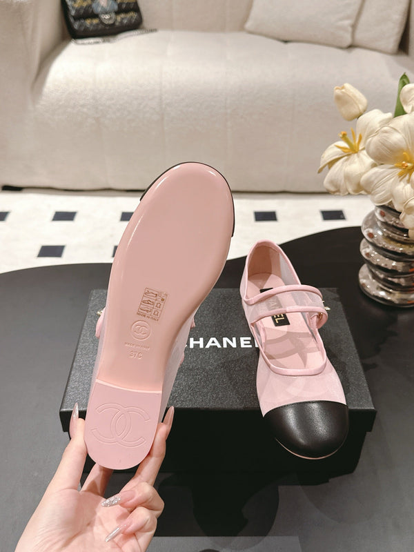 CC 25s Coco Beach Mary Jane Flats Pink and Black Mesh Cowhide 329018