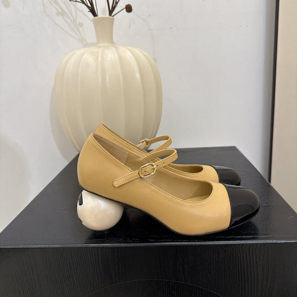 CC 25A Double C Giant Pearl Heel Mary Janes Beige Cowhide 127022