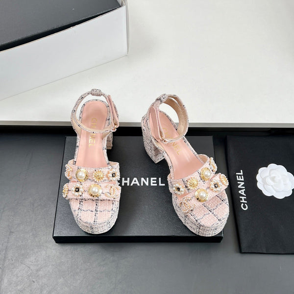 Chanel 25P High-heeled Sandals Pink Tweed Leather 175334