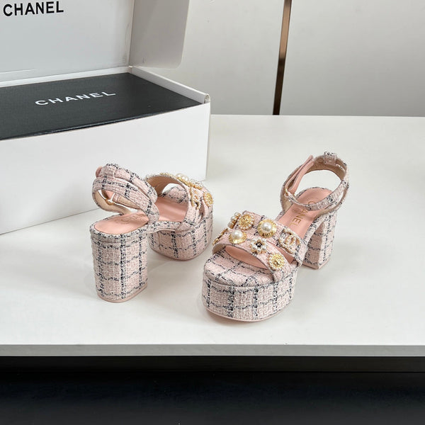 Chanel 25P High-heeled Sandals Pink Tweed Leather 175334