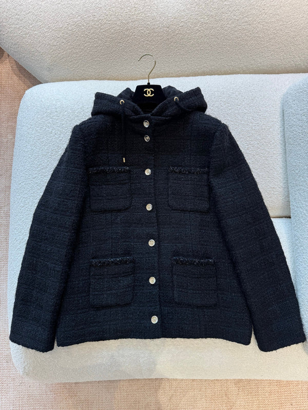 CC 25B Black Plaid Hooded Tweed Jacket