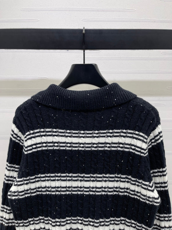 CC 25 Striped Knit Cardigan Black Wool