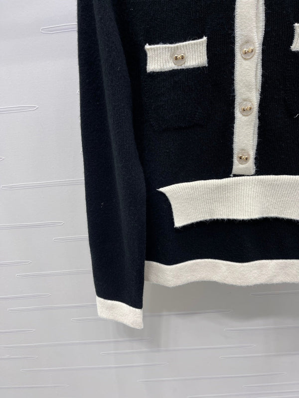 CC 25F Round-Neck Knitted Long-Sleeved Cardigan Black Wool