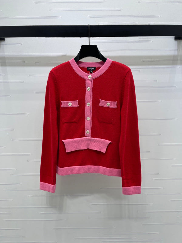 CC 25F Round-Neck Knitted Long-Sleeved Cardigan Red Wool