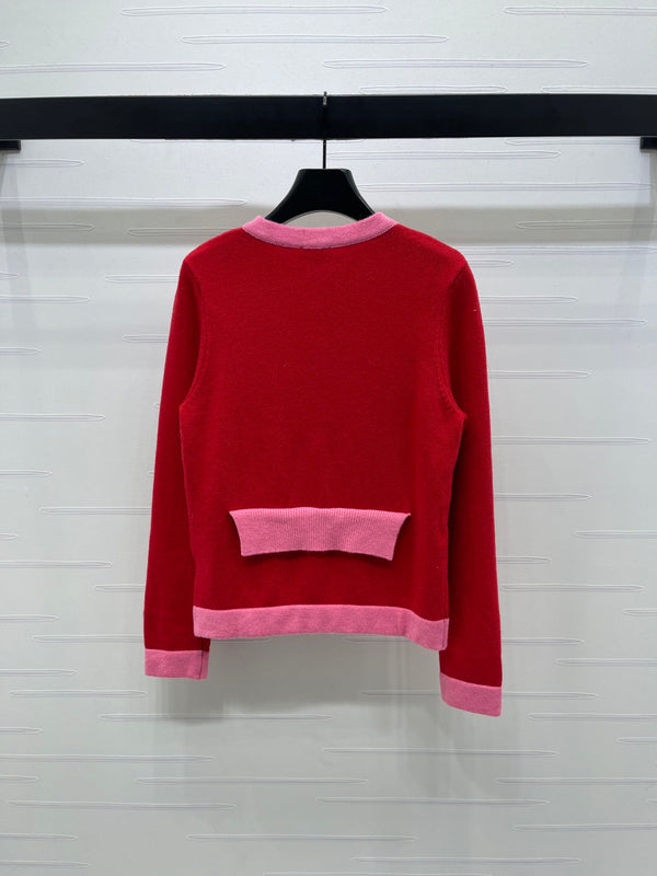 CC 25F Round-Neck Knitted Long-Sleeved Cardigan Red Wool