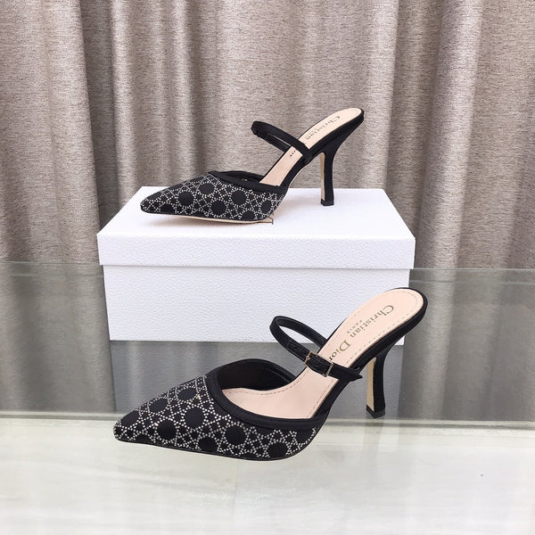 CD High Heeled Mule Crystal Black Sheepskin 460071