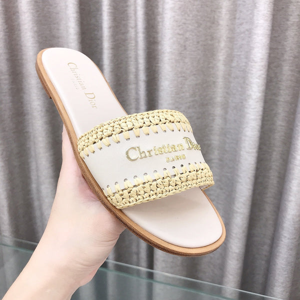 CD D-Lane Flat Colorblock Espadrilles Cream Raffia and Calfskin