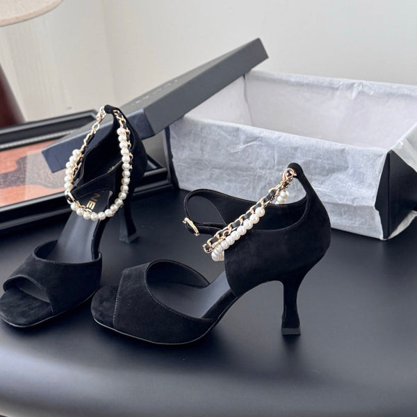 CC 25B Mary Janes 85mm High Heel Pearl Strap Black Suede