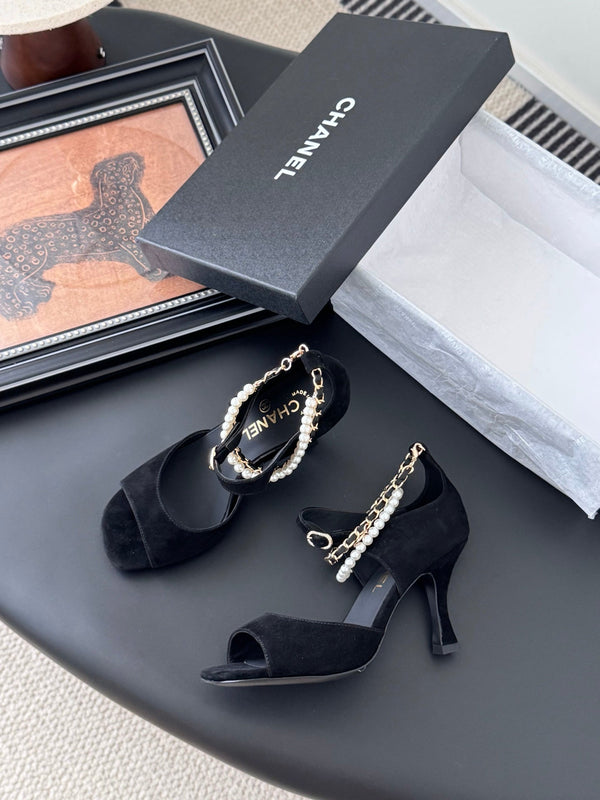 CC 25B Mary Janes 85mm High Heel Pearl Strap Black Suede