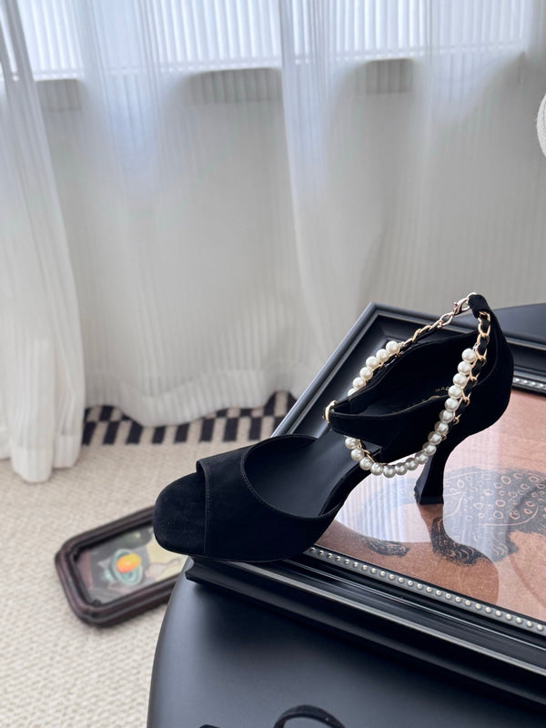 CC 25B Mary Janes 85mm High Heel Pearl Strap Black Suede