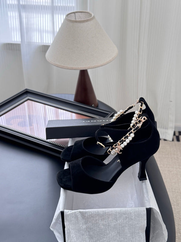 CC 25B Mary Janes 85mm High Heel Pearl Strap Black Suede