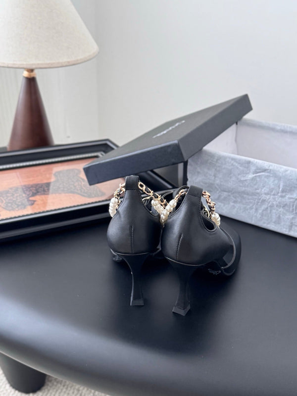 CC 25B Mary Janes 85mm High Heel Pearl Strap Black Sheepskin