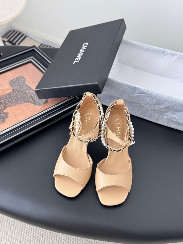 CC 25B Mary Janes 85mm High Heel Pearl Strap Beige Sheepskin