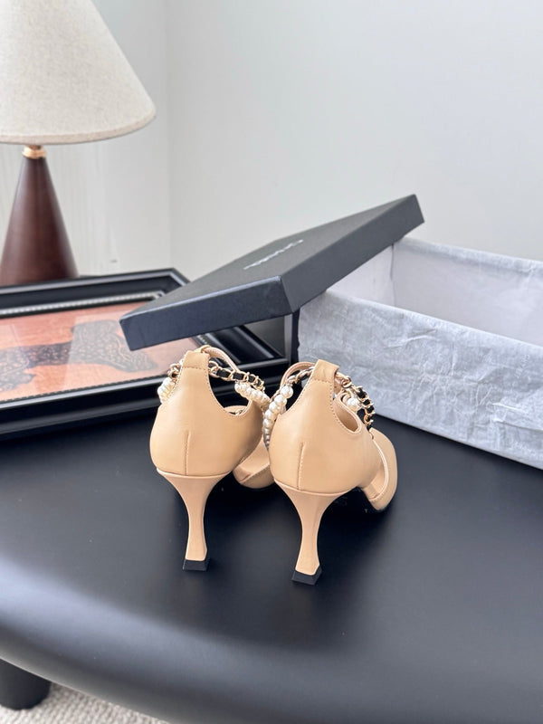 CC 25B Mary Janes 85mm High Heel Pearl Strap Beige Sheepskin