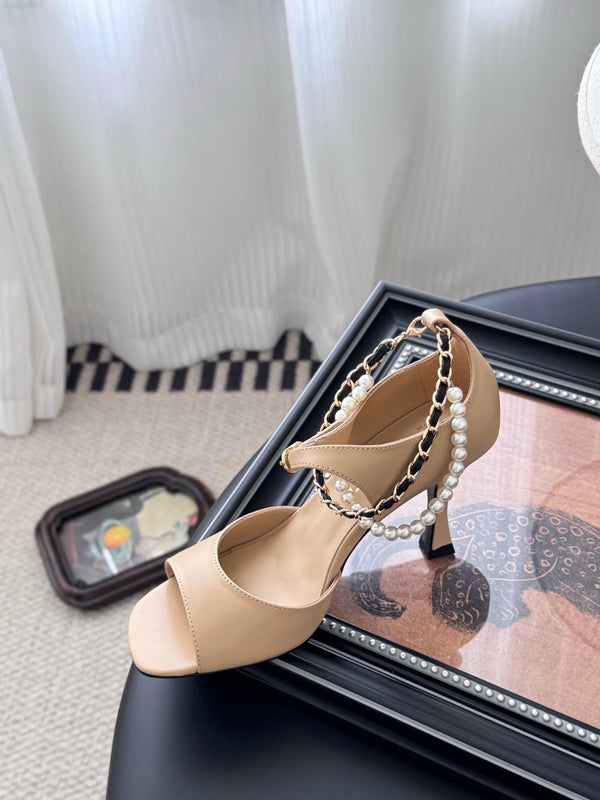 CC 25B Mary Janes 85mm High Heel Pearl Strap Beige Sheepskin