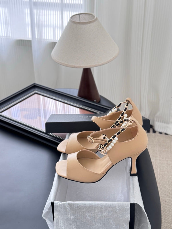 CC 25B Mary Janes 85mm High Heel Pearl Strap Beige Sheepskin