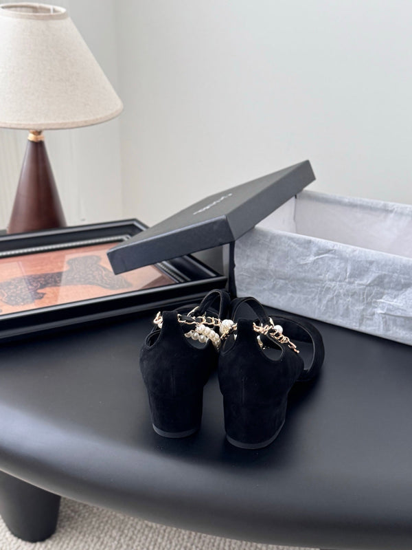 CC 25B Mary Janes 55mm High Heel Pearl Strap Black Suede