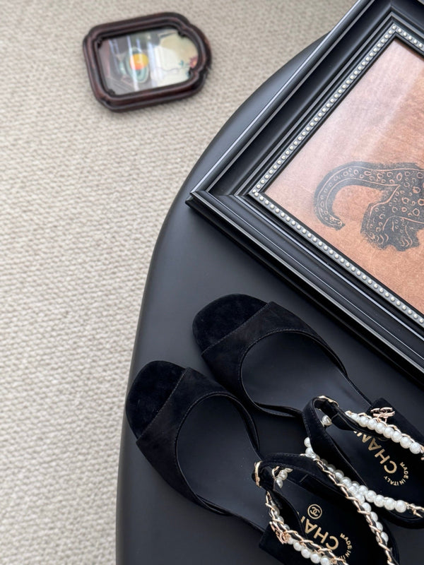 CC 25B Mary Janes 55mm High Heel Pearl Strap Black Suede