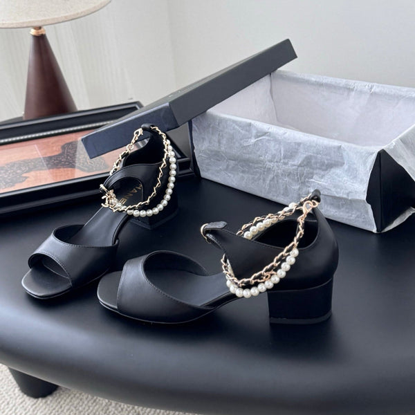 CC 25B Mary Janes 55mm High Heel Pearl Strap Black Sheepskin