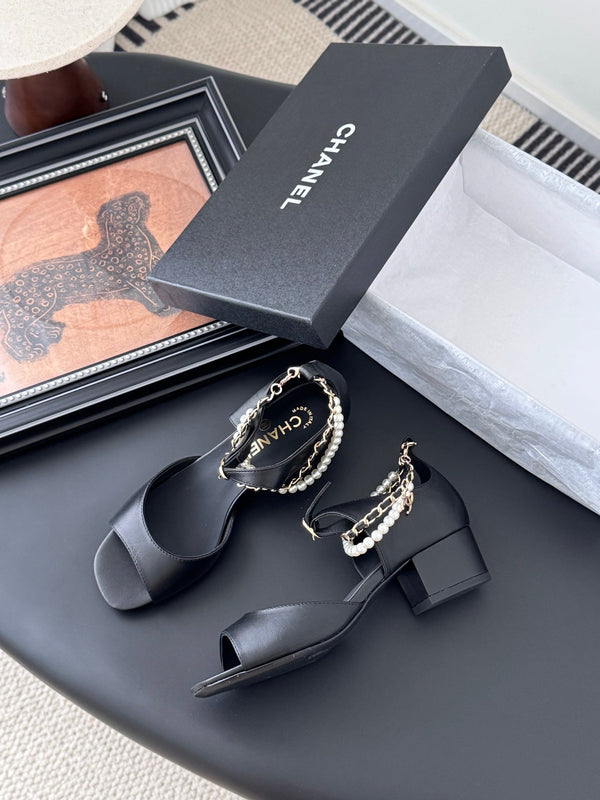 CC 25B Mary Janes 55mm High Heel Pearl Strap Black Sheepskin