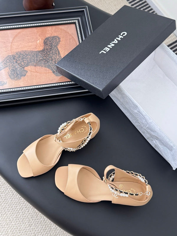 CC 25B Mary Janes 55mm High Heel Pearl Strap Beige Sheepskin