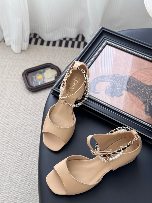 CC 25B Mary Janes 55mm High Heel Pearl Strap Beige Sheepskin