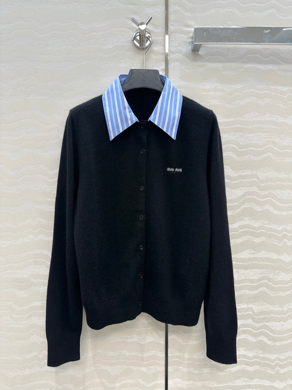 Miumiu Detachable Shirt Cardigan Black Mix Blue Collar and Cashmere