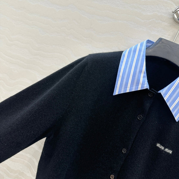 Miumiu Detachable Shirt Cardigan Black Mix Blue Collar and Cashmere