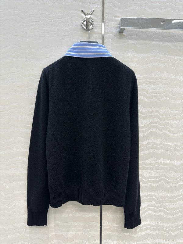 Miumiu Detachable Shirt Cardigan Black Mix Blue Collar and Cashmere