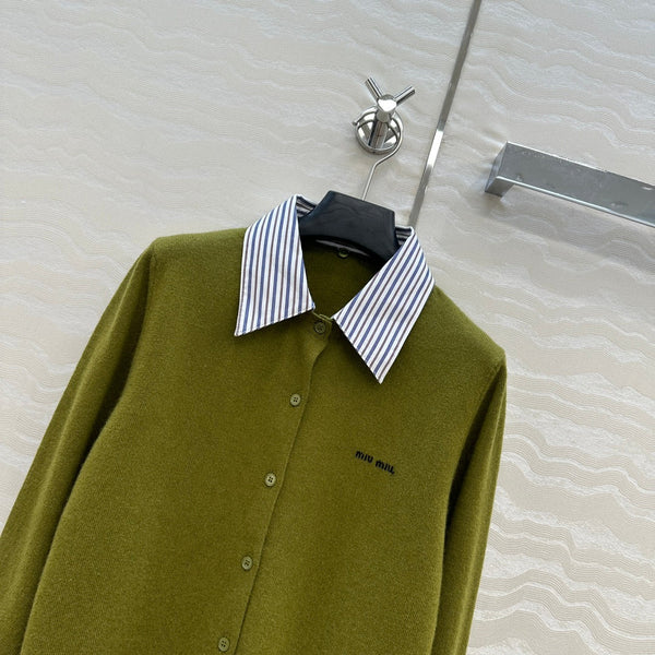 Miumiu Detachable Shirt Cardigan Olive Green Collar and Cashmere
